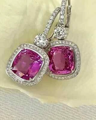 2Ct Cushion Cut Lab Created Pink Ruby Drop Wedding Earring 14K White Gold Plated - Image 1 of 4