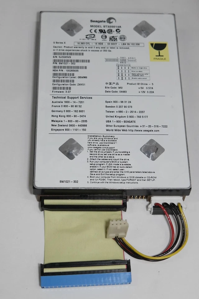 SEAGATE ST320014A HDD 20GB 9W1021-302 100265635 FW 3.07 HARD DRIVE SLIM 3.5 - Image 1 of 4