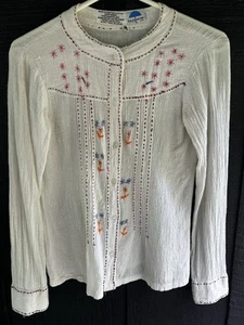 Vintage India Top Embroidered Hippie Gauze Cotton Blouse Shirt XS S - Picture 1 of 5