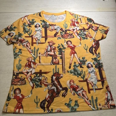 Camiseta estilo retro amarilla vaquera estilo pin-up cactus y caballos 2XL Foto 1 de 4
