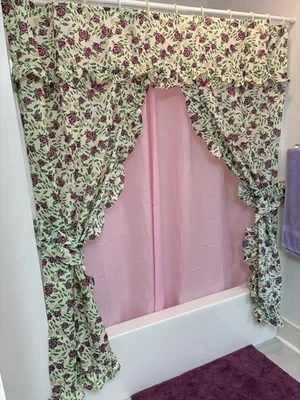 Vintage 90s Grandmas Cottage OS Floral Ruffled Shower Curtain Set Swag Valance - Image 1 of 3