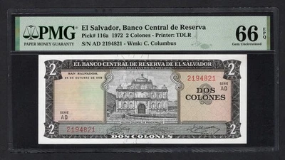 El Salvador 2 Colones 24-10-1972 P116a Sin Circular Grado 66 Foto 1 de 2