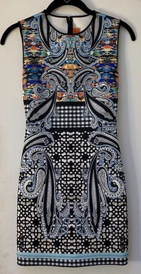 Clover Canyon Women's Sleeveless Dress Paisley Bodycon Black White Blue Scuba - Image 1 of 4