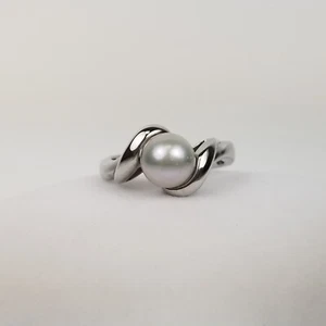 14K White Gold 7.5mm Gray White Pearl Ring - Beautiful Luster - Picture 1 of 11