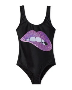 $30 Stella Cove Kid's Girl Black Sequin Lip Applique One-Piece Swimsuit Size 8Y - Picture 1 of 1