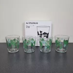 Ikea Stilenlig Glass Tumblers Clear Glass Green Leaf Pattern Set Of 4 - Picture 1 of 12