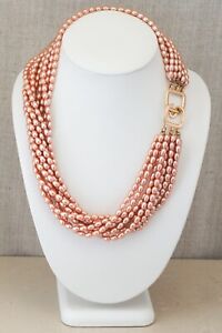 Vintage Layered Pink Pearl 9 Multi Strand Matinee Necklace Gold Toggle Latch