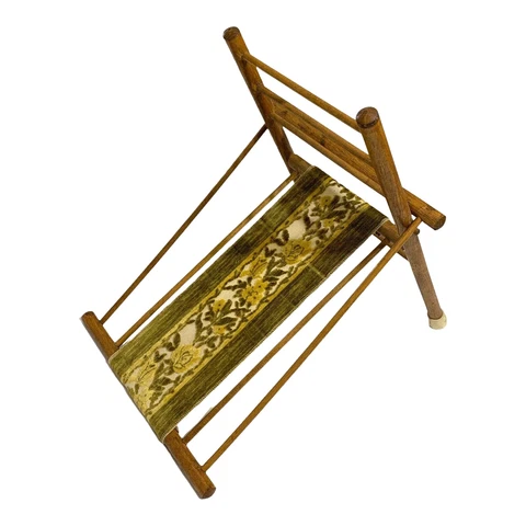 Gout Stool Wood Spindle Folding Foot Rest w/ Floral Velvety Fabric Cover VINTAGE Cover