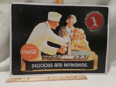 Placa de metal Coca-Cola vintage 1989 loja de refrigerantes com refrigerante idiota, vovó e menina - Imagem 1 de 3