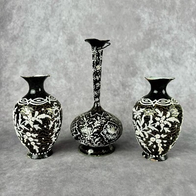 Antique Decorative Enamel Over Copper Vase Set Of 3 Beaded Floral Bird Design - Image 1 of 4