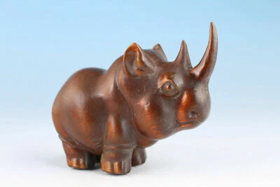Japanese boxwood hand carved rhinoceros statue netsuke collectable - Image 1 of 4