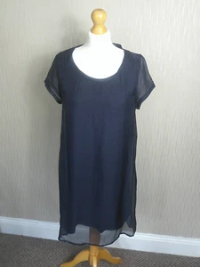 Jigsaw Dress Size S Navy Blue Double Layer Silk Cotton Shift Relaxed Fit Chiffon - Picture 1 of 13