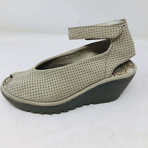 FLY London Singback Perforated Leather Peep Toe Wedge Sandals 37 (6-1/2-7)