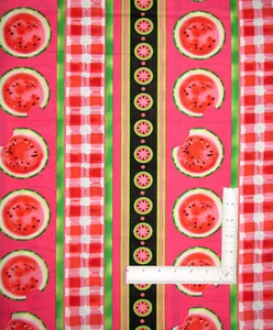 Watermelon Fruit Fabric By The Yard Picnic Stripe Pink Red Cotton Benartex - Picture 1 of 1