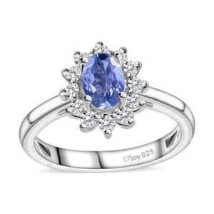 Beautiful 1.00ctw Tanzanite & Zircon Sunburst Ring Platinum Plated Size 7 - Picture 1 of 6
