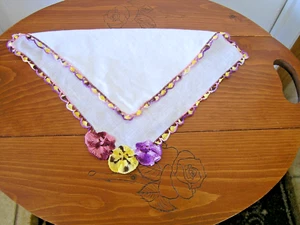 Vtg Handkerchief 11" Yellow + Purple Pansies Crochet at One Corner Crochet Edge - Picture 1 of 5