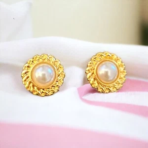 Gold Rope & Pearl Stud Earrings Hypoallergenic Made in the USA - Picture 1 of 2