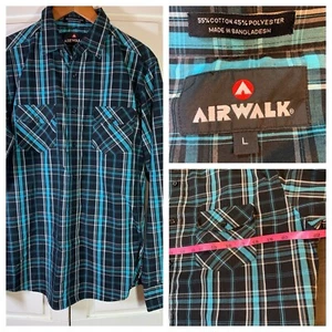Airwalk Shirt Mens Large Roll Tab Work Skater Streetwear Button Up Church Plaid - Picture 1 of 15
