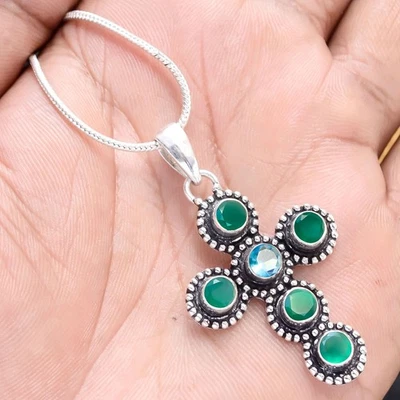 Ciondolo croce onice verde e topazio blu in argento sterling 925 regalo sorella - Immagine 1 di 4