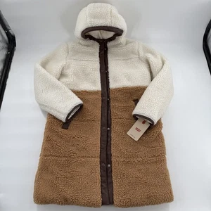 Levi's Sherpa Coat Womens Medium Cream Tan Hooded Colorblock Snap Nordstrom - Picture 1 of 9