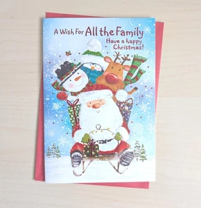 Tarjeta de Navidad para toda la familia - Belén festivo Santa muñeco de nieve - 7,5"x5,25" - Imagen 1 de 3