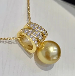 new Round AAAA 11-12mm South Sea Gold pearl Pendant Necklace 18" 925S - Picture 1 of 3