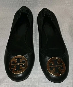 Tory Burch Minnie Travel Ballet Womens Size 12 M Black Leather Gold Logo Shoes - Picture 1 of 7