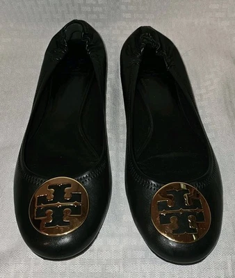 Tory Burch Minnie Travel Ballet Womens Size 12 M Black Leather Gold Logo Shoes - Image 1 of 4
