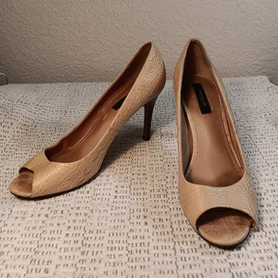 Ann Taylor Mujer Beige Cuero Cocodrilo Repujado Peep Toe Zapatos Tacón Alto Talla 9.5 M Foto 1 de 4