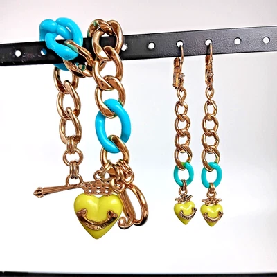 Juicy Couture 手镯耳环套装金色水链霓虹心形罕见匹配 Y2K — 第 1/4 张图片