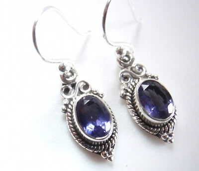 Faceted Iolite Oval 925 Sterling Silver Earrings with Rope Style Accents Small - Image 1 of 3