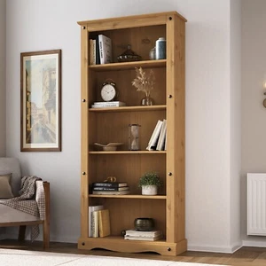 Corona Tall Bookcase Large Mexican Solid Pine Wood 5 Book Shelves - Picture 1 of 8