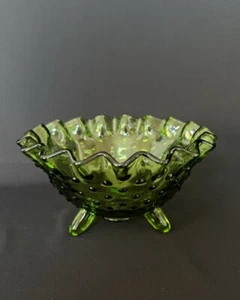 Vintage Olive Green Bubble Hobnail Footed Candy Dish - Bowl - Picture 1 of 3