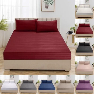 30CM Extra Deep Fitted Sheet Satin Stripe Single Double King Size OR Pillowcases - Image 1 of 4