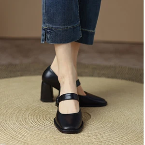 Women Block High Heel French Square Toe Mary Jane Shoes Buckle Strap Pump Dress - Picture 1 of 22