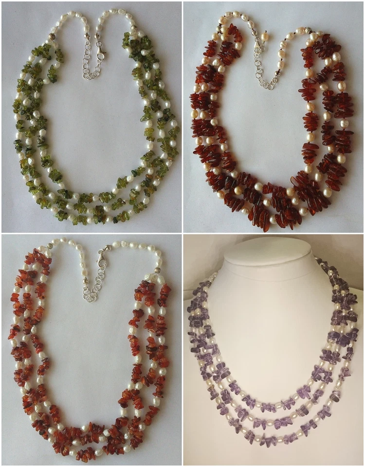 Collana Ambra Ametista Peridoto Corniola a chips e perle di fiume Argento 925 - Immagine 1 di 1