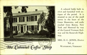 Colonial Coffee Shop Mrs DC Jones Waterbury Vermont Postkarte 1927 - Bild 1 von 2