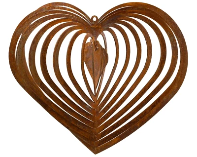 Metall Herz Swirl Windspiel 3D zum Hängen und Drehen Edelrost Baumdeko H=16 cm - Bild 1 von 3