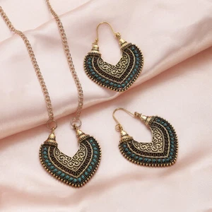 Indian Bollywood Gold Plated Pearl Bridal Heart Necklace Earrings Jewelry Set - Picture 1 of 50