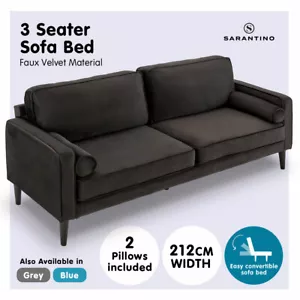 New Sarantino 3 Seater Faux Velvet Sofa Bed Couch Furniture Lounge Suite - Black - Picture 1 of 9