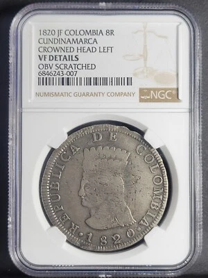 1820 COLOMBIA Provincial CUNDINAMARCA JF 8 Reales KM-C6 8R NGC CROWNED  HEAD LEF - Image 1 of 3