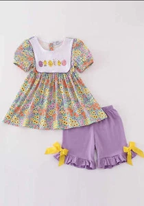 Girl's Boutique Easter Floral Bunny Egg Embroidered Embroidery Two Piece Short S - Picture 1 of 8
