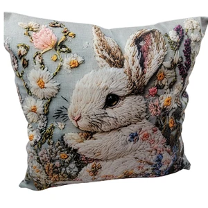 Bunny Pillow 18x18” - Floral Embroidered Look - Spring Decor - Home Decor - Picture 1 of 8