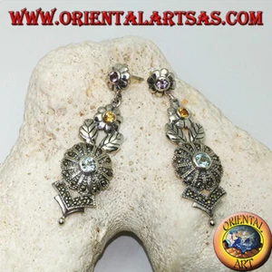 Pendientes de Plata 925‰ Con Tres Flores En Amatista, Topaz Y Aguamarina - Imagen 1 de 2