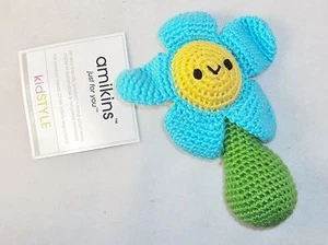 Hand Crocheted Baby Rattle, Toy ~ Blue & Yellow Flower Face ~ Amikins KidStyle - Picture 1 of 8
