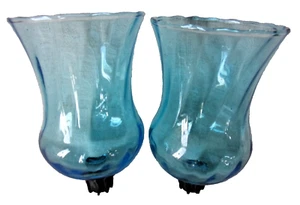 Collectible Set 2 Light Blue Swirl Glass Pegged Hurricane Votives Candle Holders - Picture 1 of 6