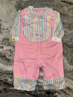 True Vintage Newborn Cat Jumpsuit Baby Girl Missing 1 Button Pink Stripes - Image 1 of 4
