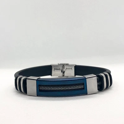 Modern Men’s Blue Stainless Steel and Black Silicone Bracelet Stylish and Dura - Image 1 of 4