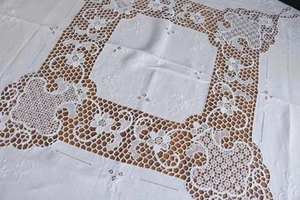 T34 VINTAGE HANDGEFERTIGTE LEINEN TISCHDECKE POINT DE VENICE ARBEIT 48x48" - Bild 1 von 5