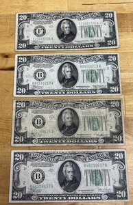 Lote de 4 billetes circulados de 20 dólares de la Reserva Federal de 1934 A B C - Imagen 1 de 10